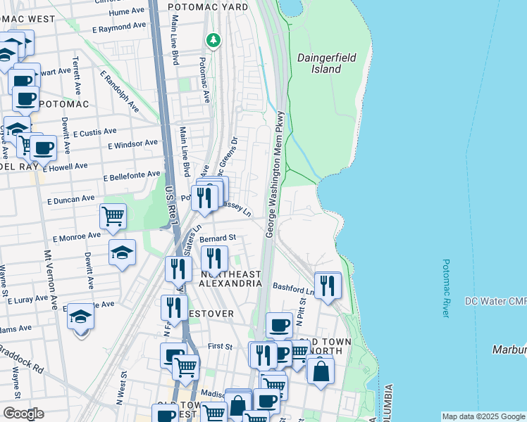 map of restaurants, bars, coffee shops, grocery stores, and more near 1636 West Abingdon Drive in Alexandria