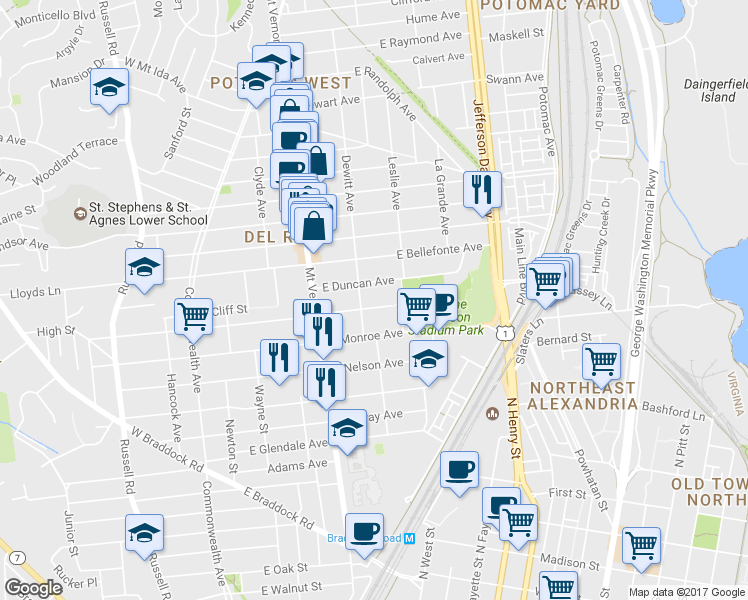map of restaurants, bars, coffee shops, grocery stores, and more near 406 East Mason Avenue in Alexandria
