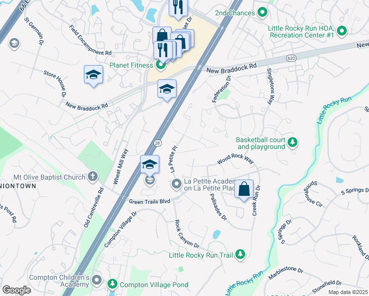 map of restaurants, bars, coffee shops, grocery stores, and more near 14160 Coble Laskey Court in Centreville