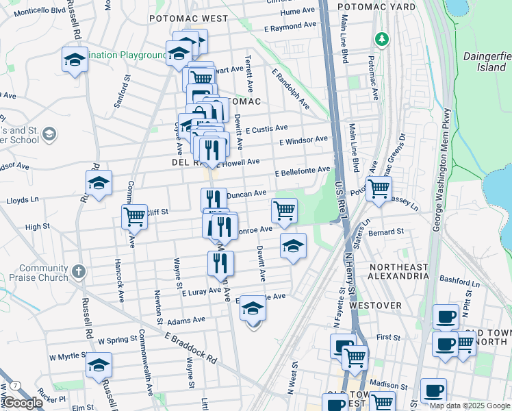 map of restaurants, bars, coffee shops, grocery stores, and more near 406 East Mason Avenue in Alexandria