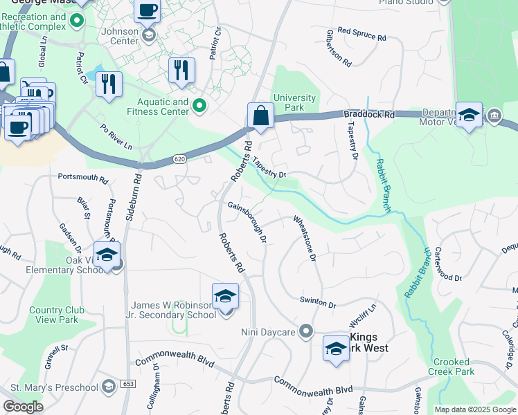 map of restaurants, bars, coffee shops, grocery stores, and more near 4837 Gainsborough Drive in Fairfax