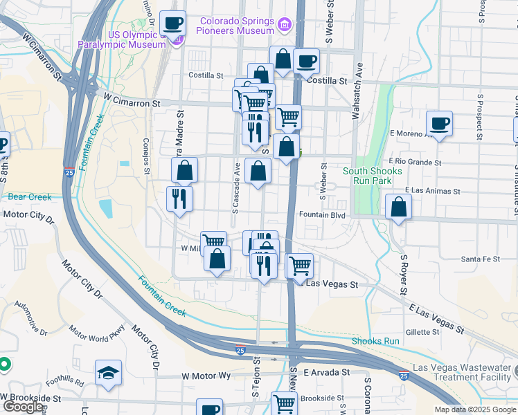 map of restaurants, bars, coffee shops, grocery stores, and more near 904 South Tejon Street in Colorado Springs