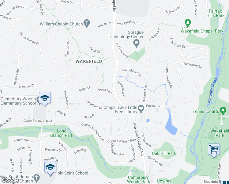 map of restaurants, bars, coffee shops, grocery stores, and more near Wakefield Chapel Rd & Pappas Way in Annandale