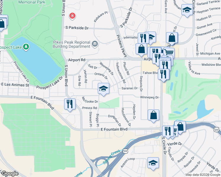 map of restaurants, bars, coffee shops, grocery stores, and more near 2011 Tahoe Boulevard in Colorado Springs