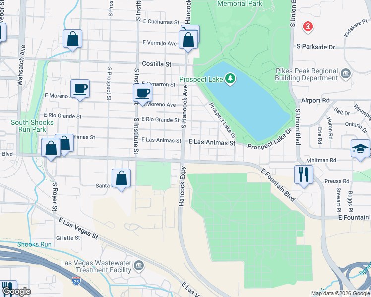 map of restaurants, bars, coffee shops, grocery stores, and more near 1116 East Fountain Boulevard in Colorado Springs