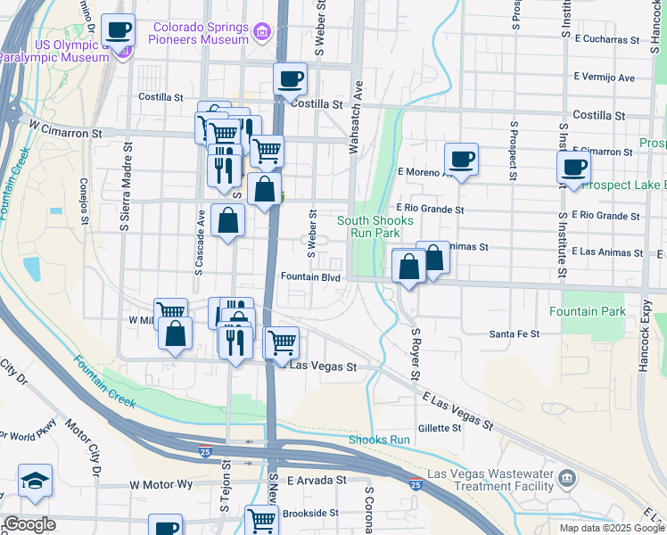 map of restaurants, bars, coffee shops, grocery stores, and more near 320 Victoria Street in Colorado Springs