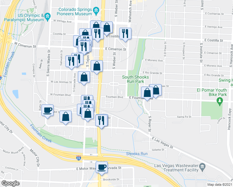 map of restaurants, bars, coffee shops, grocery stores, and more near 320 Victoria Street in Colorado Springs
