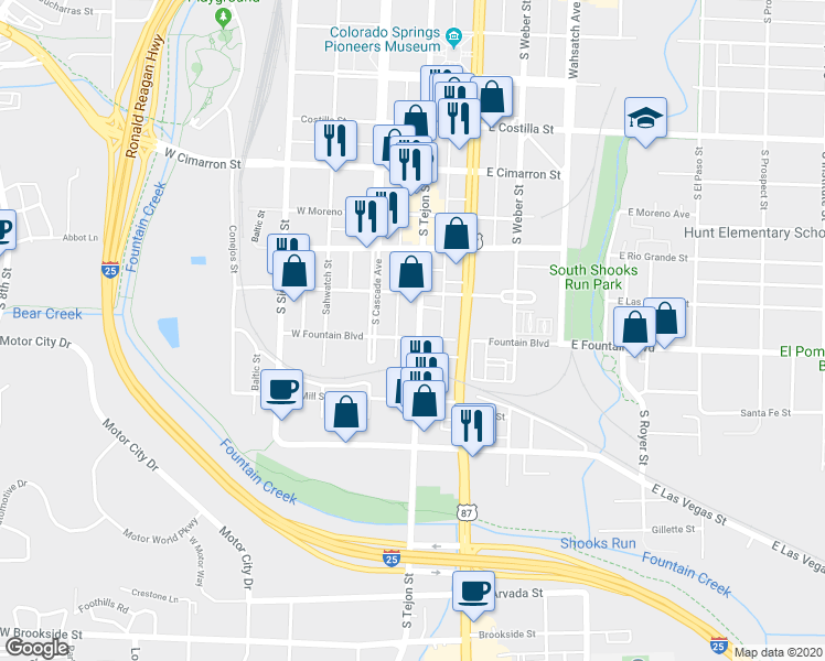map of restaurants, bars, coffee shops, grocery stores, and more near 904 South Tejon Street in Colorado Springs