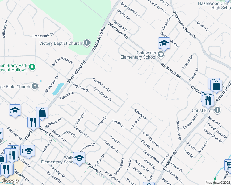 map of restaurants, bars, coffee shops, grocery stores, and more near 1258 Brenthaven Lane in Florissant