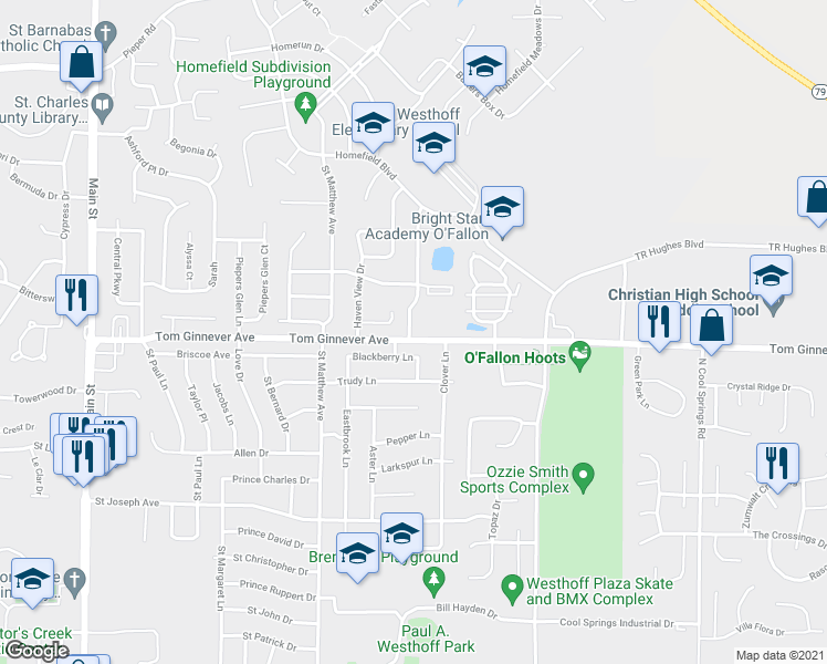 map of restaurants, bars, coffee shops, grocery stores, and more near 1044 Pinewood Place Drive in O'Fallon