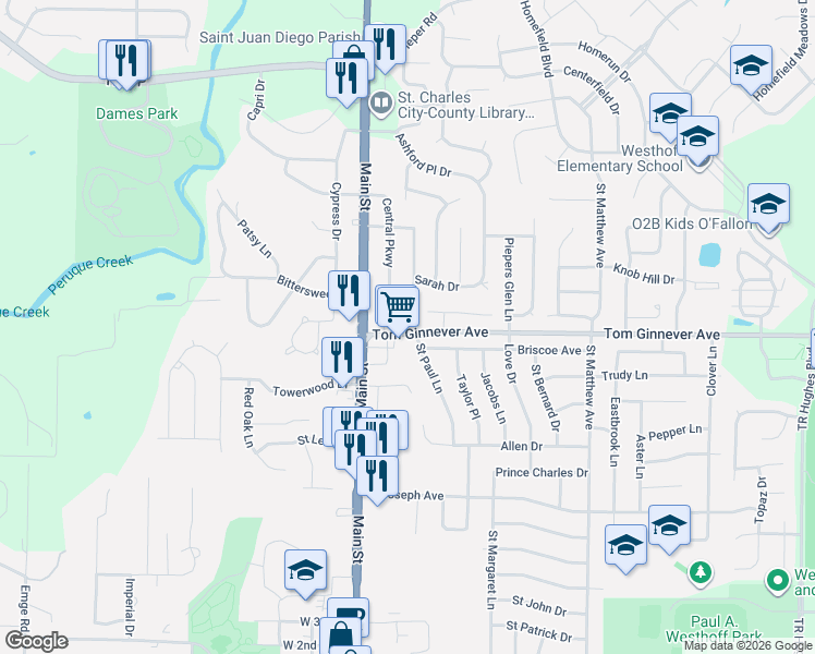 map of restaurants, bars, coffee shops, grocery stores, and more near 919 Saint Paul Lane in O'Fallon