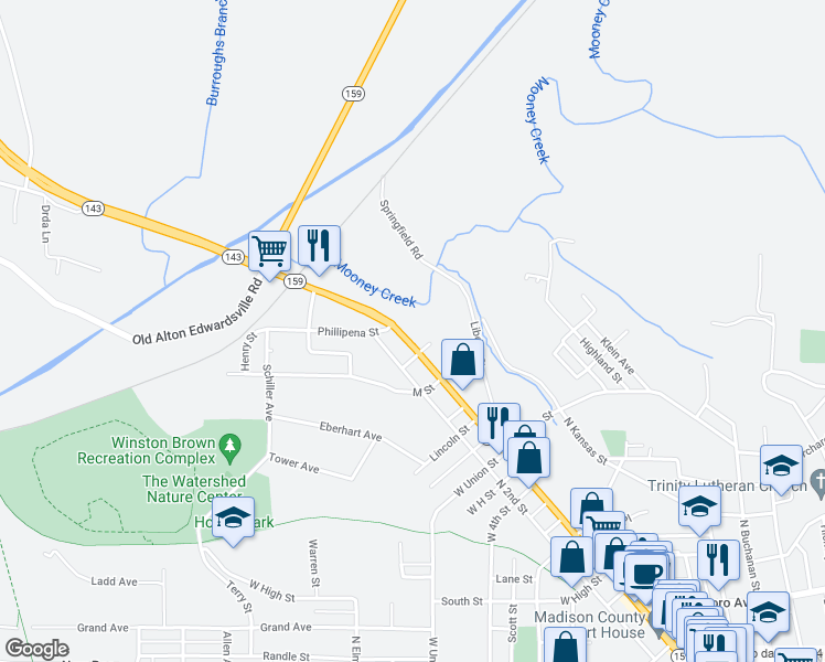 map of restaurants, bars, coffee shops, grocery stores, and more near 1720 North Main Street in Edwardsville