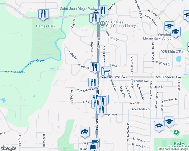 map of restaurants, bars, coffee shops, grocery stores, and more near 1001 North Main Street in O'Fallon