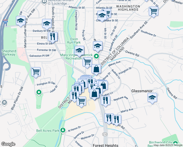 map of restaurants, bars, coffee shops, grocery stores, and more near 306 Southern Avenue Southeast in Washington