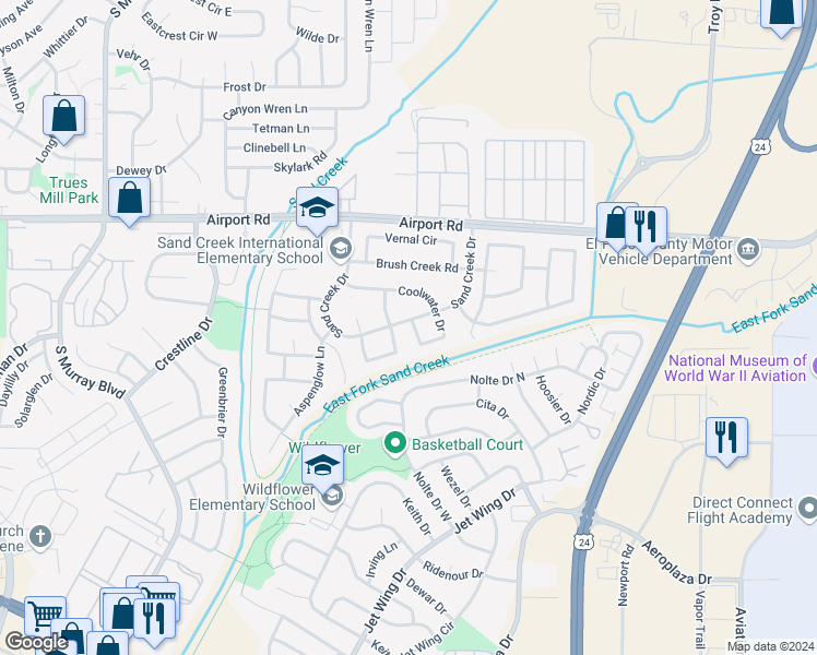 map of restaurants, bars, coffee shops, grocery stores, and more near 4392 Coolwater Drive in Colorado Springs