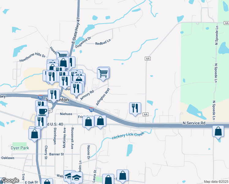 map of restaurants, bars, coffee shops, grocery stores, and more near 308 Bedford Drive in Warrenton