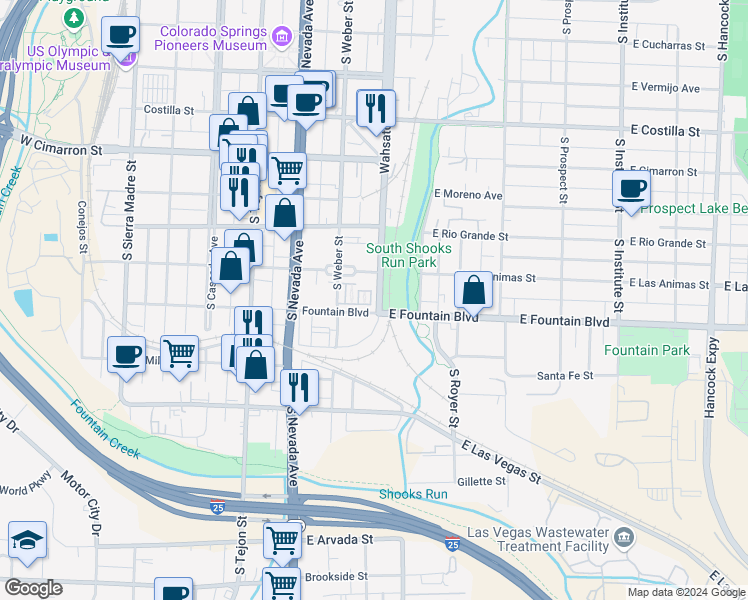 map of restaurants, bars, coffee shops, grocery stores, and more near 832 South Wahsatch Avenue in Colorado Springs
