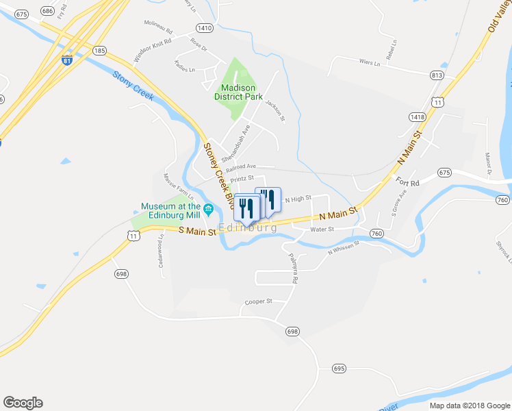 map of restaurants, bars, coffee shops, grocery stores, and more near 111 South High Street in Edinburg