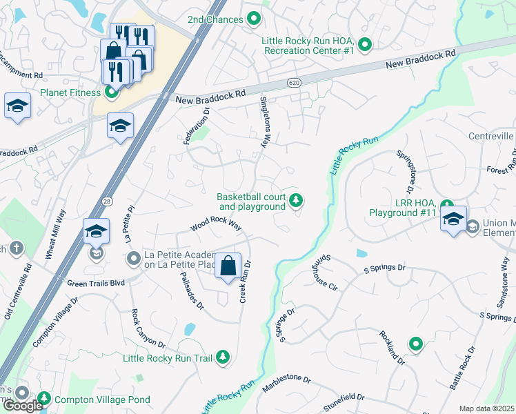 map of restaurants, bars, coffee shops, grocery stores, and more near 6331 Littlefield Court in Centreville
