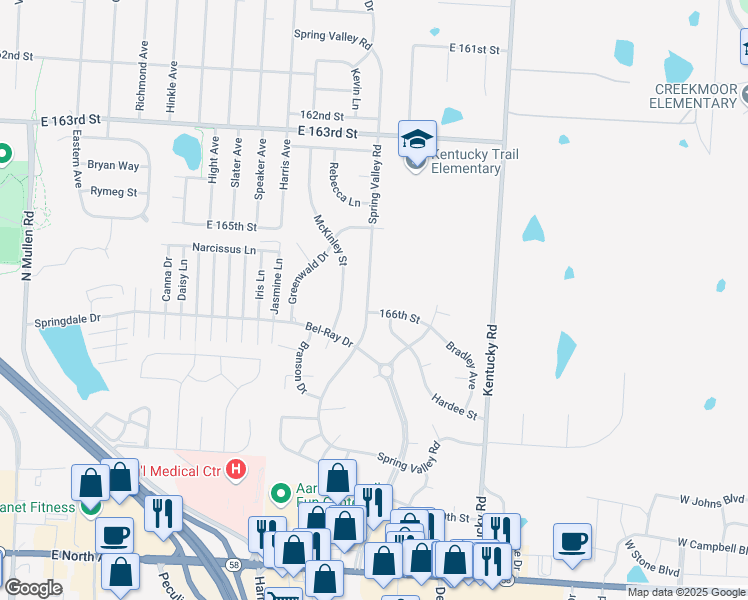 map of restaurants, bars, coffee shops, grocery stores, and more near 16523 Spring Valley Road in Belton