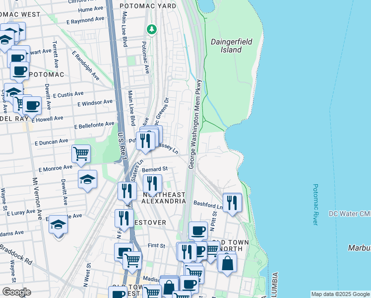 map of restaurants, bars, coffee shops, grocery stores, and more near 1602 West Abingdon Drive in Alexandria