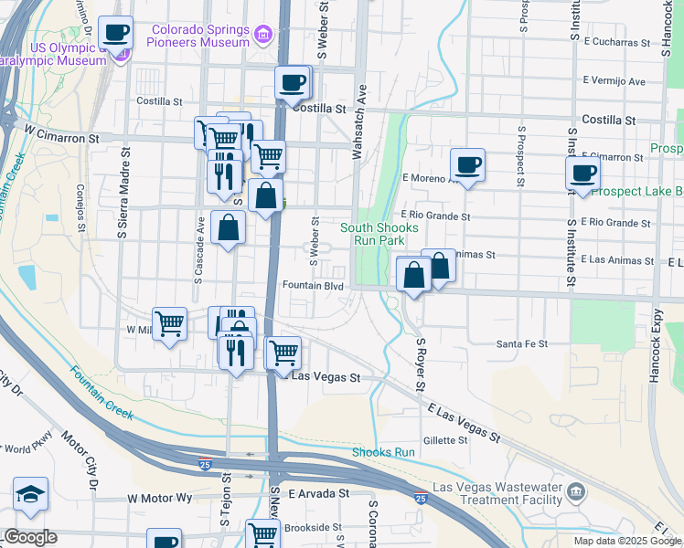 map of restaurants, bars, coffee shops, grocery stores, and more near 840 Wahsatch Ridge Point in Colorado Springs