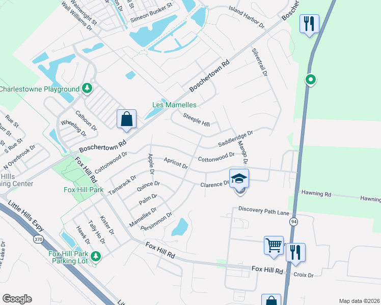 map of restaurants, bars, coffee shops, grocery stores, and more near 3333 Cottonwood Drive in Saint Charles