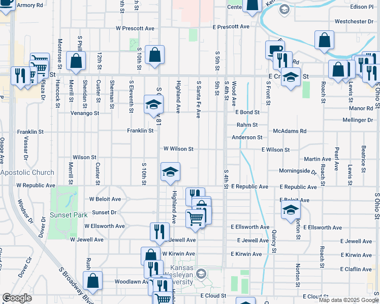 map of restaurants, bars, coffee shops, grocery stores, and more near 115 West Wilson Street in Salina