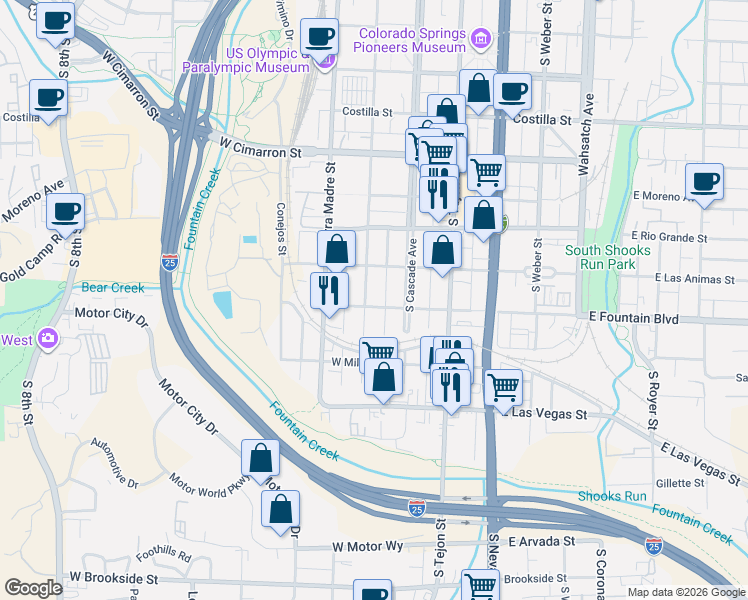map of restaurants, bars, coffee shops, grocery stores, and more near 27 West Fountain Boulevard in Colorado Springs