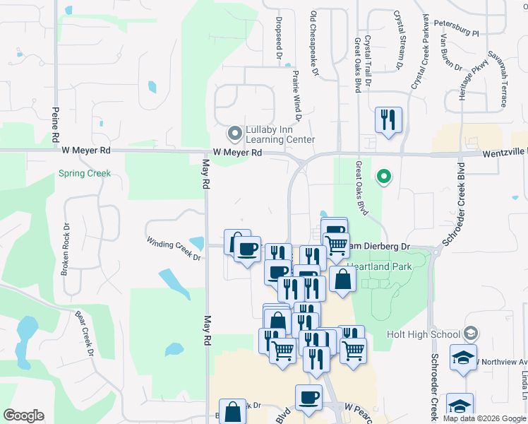 map of restaurants, bars, coffee shops, grocery stores, and more near 801 Wentzville Parkway in Wentzville