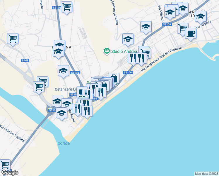 map of restaurants, bars, coffee shops, grocery stores, and more near Via Lungomare Stefano Pugliese in Catanzaro