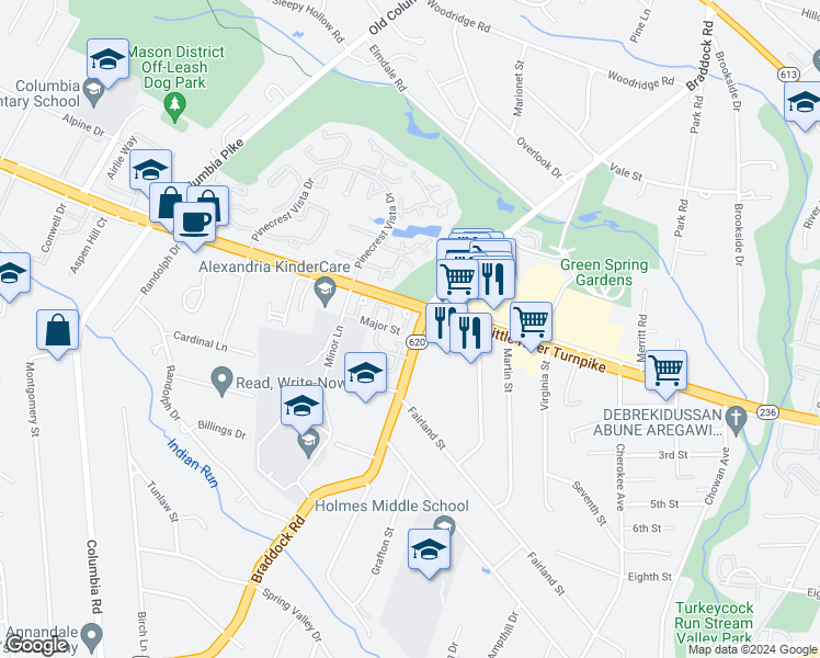 map of restaurants, bars, coffee shops, grocery stores, and more near 6513 Major Street in Alexandria