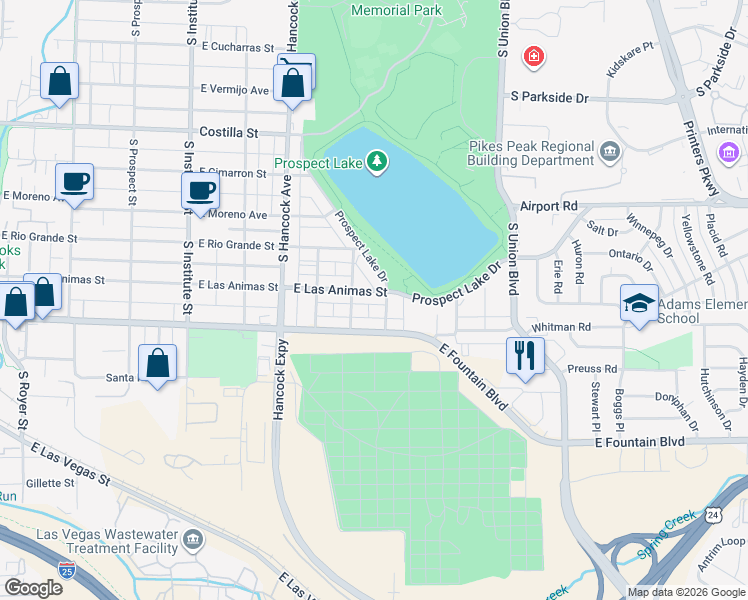 map of restaurants, bars, coffee shops, grocery stores, and more near 1320 East Fountain Boulevard in Colorado Springs