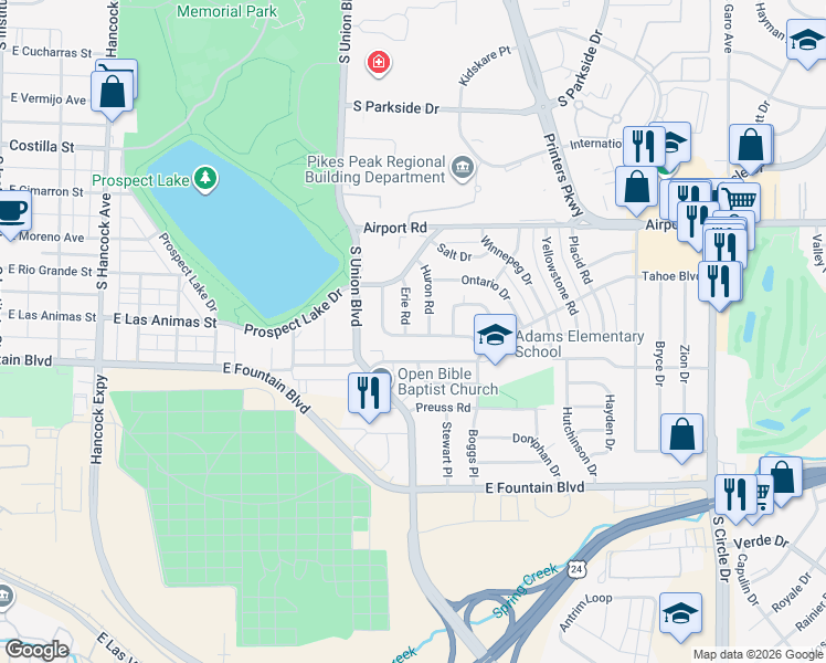 map of restaurants, bars, coffee shops, grocery stores, and more near 1918 Whitman Road in Colorado Springs