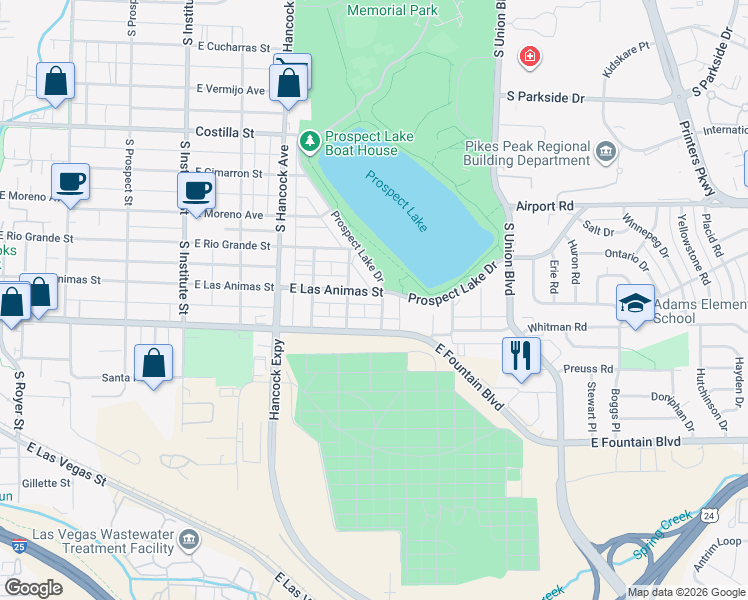 map of restaurants, bars, coffee shops, grocery stores, and more near 1320 East Fountain Boulevard in Colorado Springs