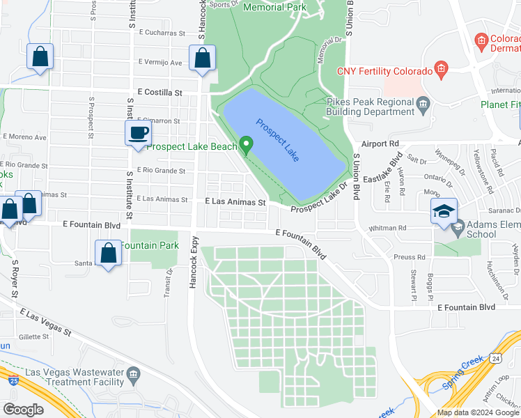 map of restaurants, bars, coffee shops, grocery stores, and more near 1320 East Fountain Boulevard in Colorado Springs