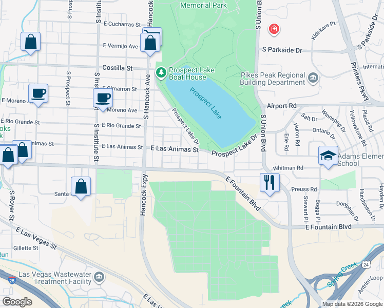 map of restaurants, bars, coffee shops, grocery stores, and more near 1320 East Fountain Boulevard in Colorado Springs