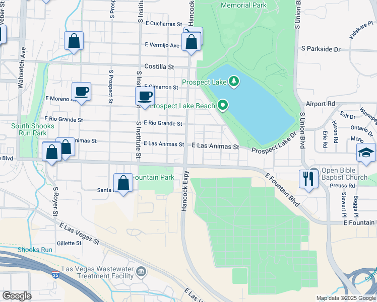 map of restaurants, bars, coffee shops, grocery stores, and more near 1116 East Fountain Boulevard in Colorado Springs