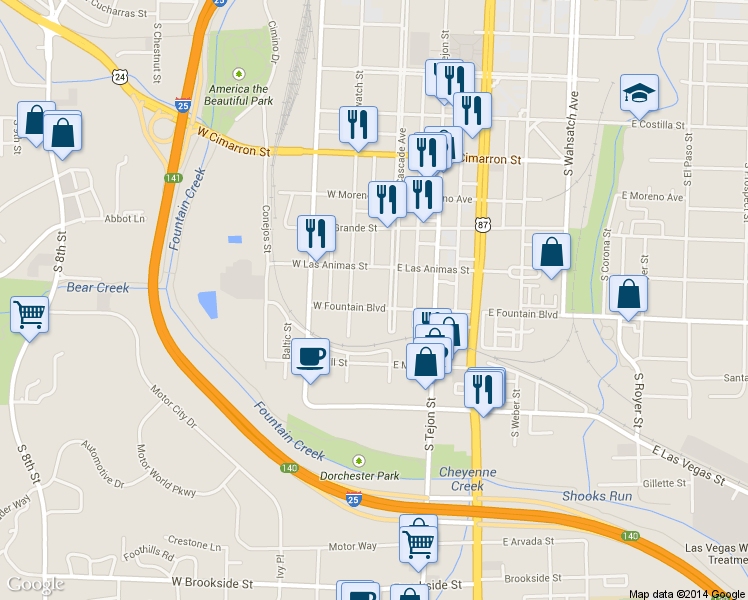 map of restaurants, bars, coffee shops, grocery stores, and more near 27 West Fountain Boulevard in Colorado Springs