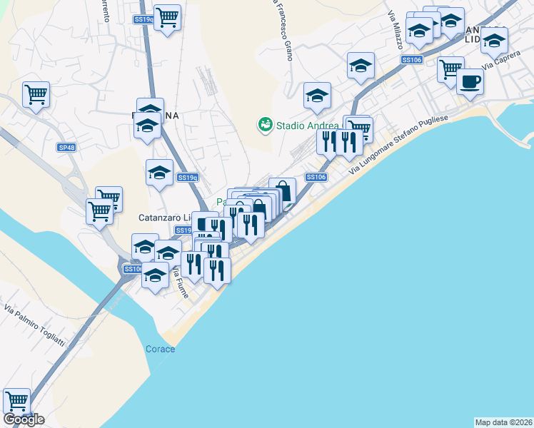 map of restaurants, bars, coffee shops, grocery stores, and more near Via Lungomare Stefano Pugliese in Catanzaro