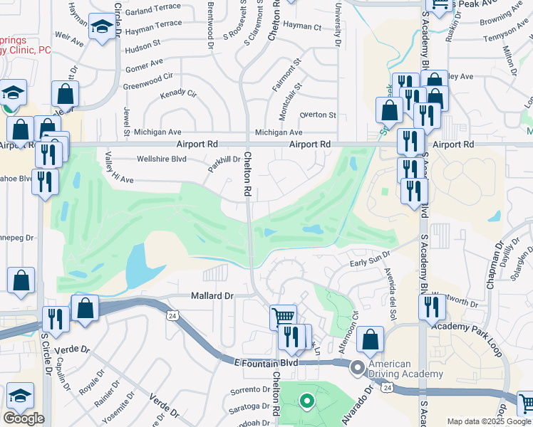 map of restaurants, bars, coffee shops, grocery stores, and more near 3305 Valley Hi Avenue in Colorado Springs