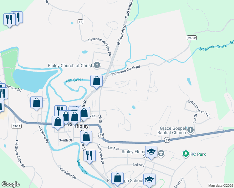 map of restaurants, bars, coffee shops, grocery stores, and more near 110 Hillcrest Drive in Ripley