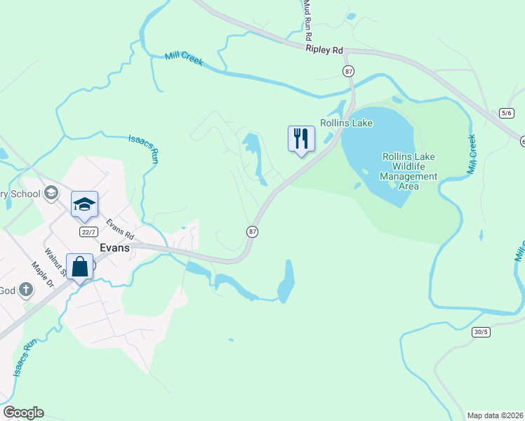 map of restaurants, bars, coffee shops, grocery stores, and more near Hwy 87 in Ripley
