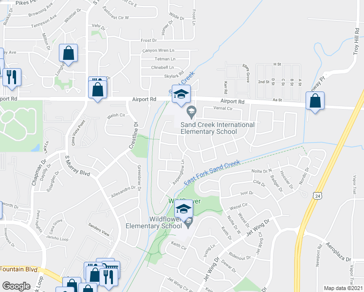 map of restaurants, bars, coffee shops, grocery stores, and more near 633 Golden Eagle Drive in Colorado Springs