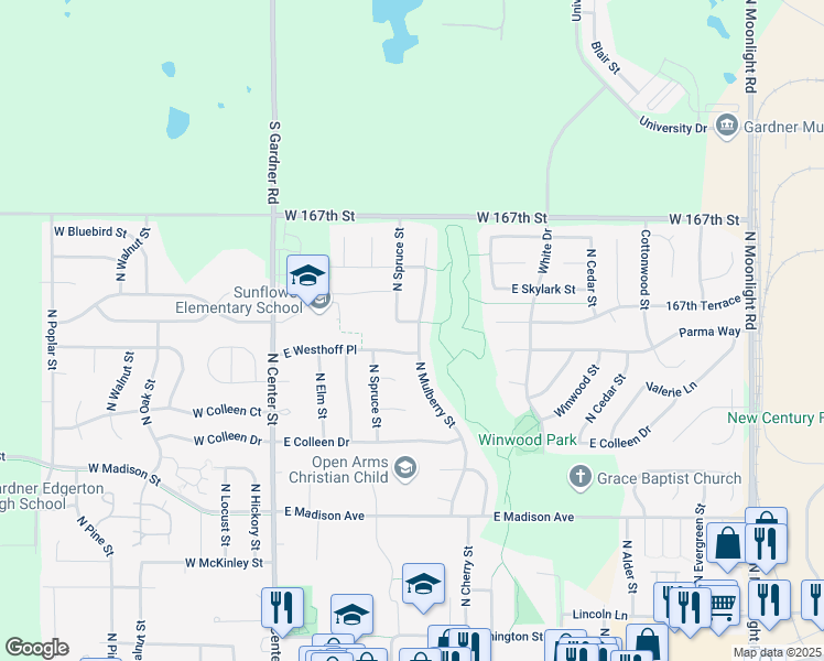 map of restaurants, bars, coffee shops, grocery stores, and more near 629 North Mulberry Street in Gardner
