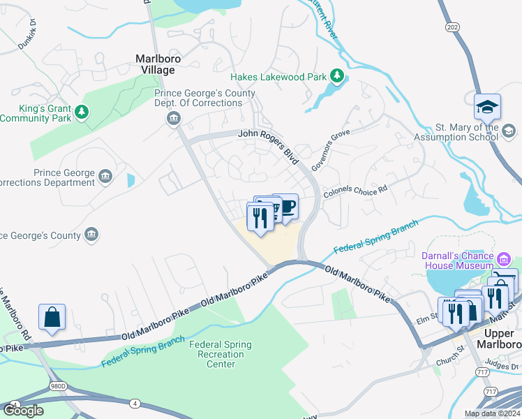 map of restaurants, bars, coffee shops, grocery stores, and more near 13800 Farnsworth Lane in Upper Marlboro