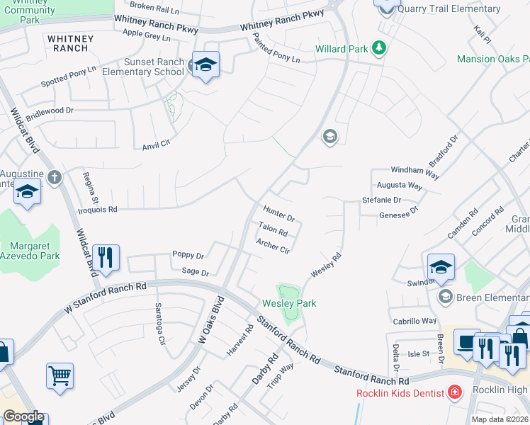 map of restaurants, bars, coffee shops, grocery stores, and more near 1908 Hunter Drive in Rocklin