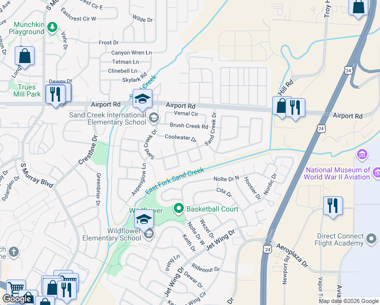 map of restaurants, bars, coffee shops, grocery stores, and more near 4320 Coolwater Drive in Colorado Springs