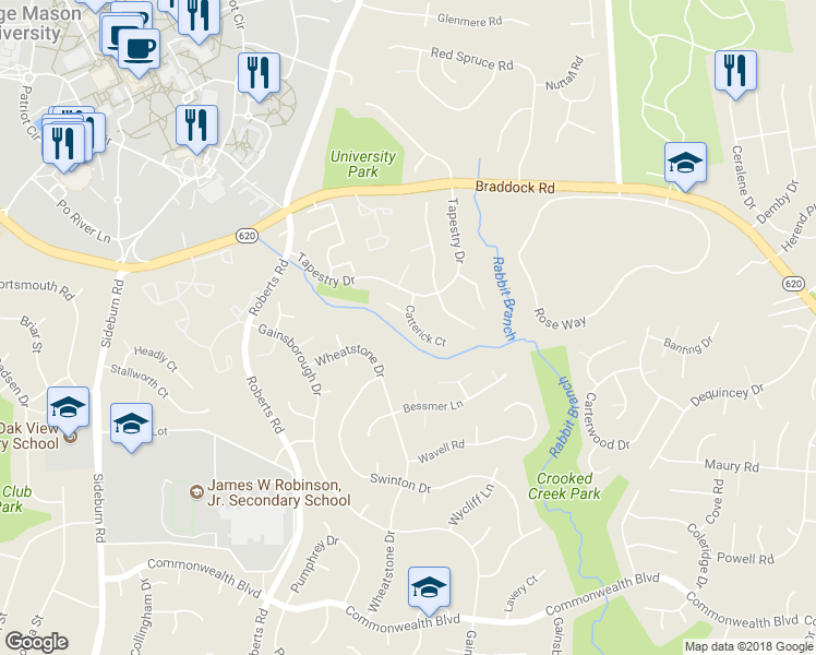 map of restaurants, bars, coffee shops, grocery stores, and more near 4782 Catterick Court in Fairfax