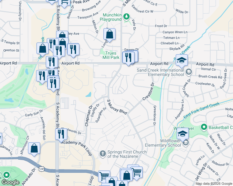 map of restaurants, bars, coffee shops, grocery stores, and more near 776 Bosque Vista Point in Colorado Springs